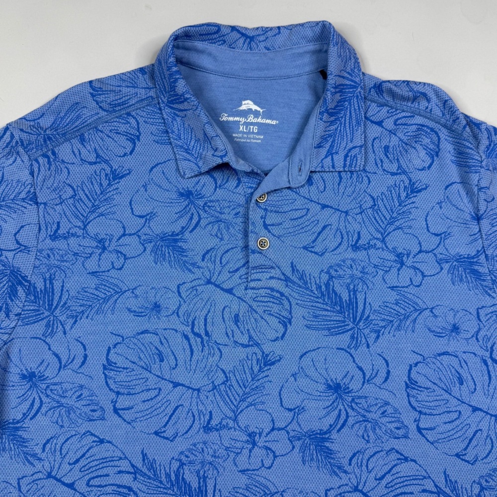 Tommy Bahama Polo Shirt Mens XL Blue Tropical Floral Performance Golf Vacation
